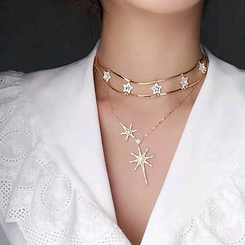 

Women's Layered Necklace Double Layered Star Trendy Fashion Chrome Gold 38 cm Necklace Jewelry For