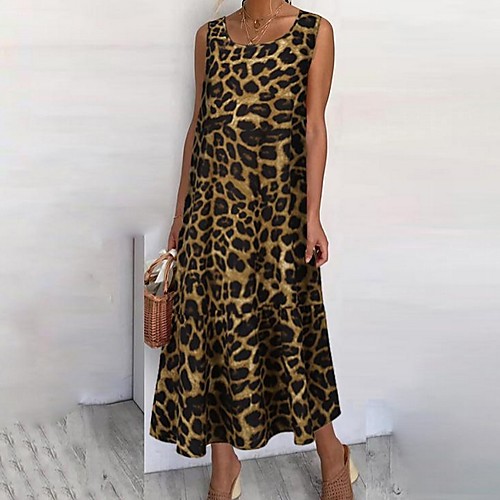

Women's Khaki Brown Dress Shift Leopard S M