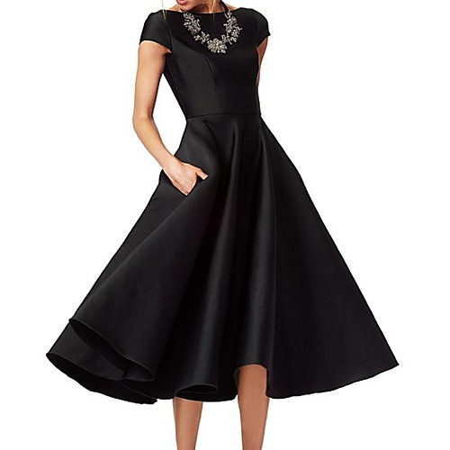 

A-Line Jewel Neck Tea Length Satin Short Sleeve Elegant Mother of the Bride Dress with Ruching Mother's Day 2020