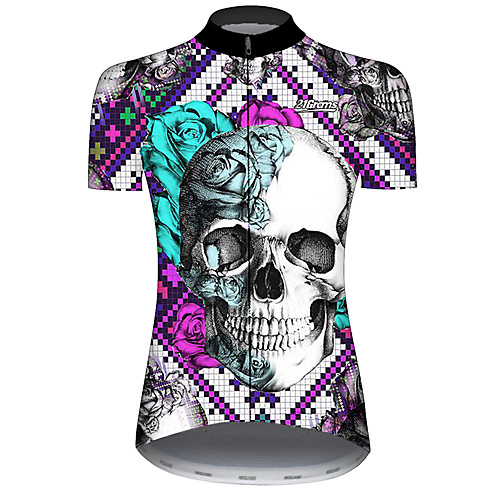 

21Grams Women's Short Sleeve Cycling Jersey Black / White Skull Bike Jersey Top Mountain Bike MTB Road Bike Cycling UV Resistant Breathable Quick Dry Sports Clothing Apparel / Stretchy
