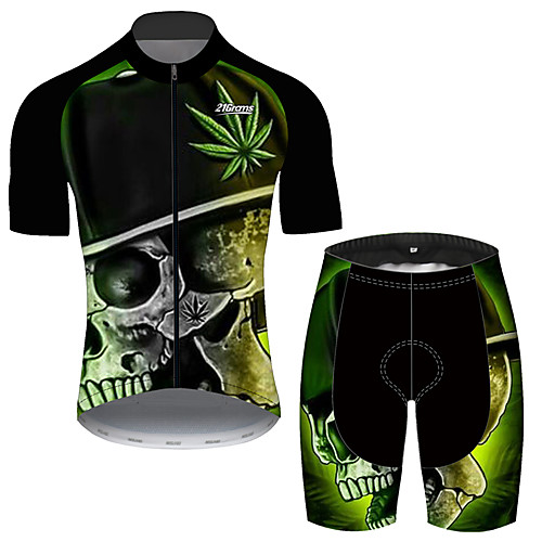 

21Grams Men's Short Sleeve Cycling Jersey with Shorts Black / Green Skull Bike UV Resistant Quick Dry Sports Patterned Mountain Bike MTB Road Bike Cycling Clothing Apparel / Stretchy