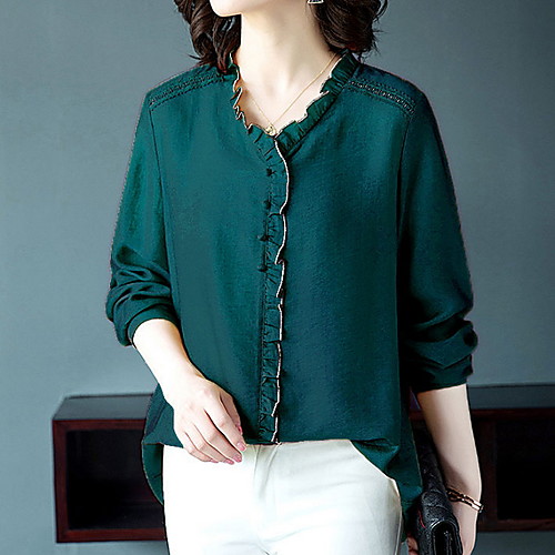 

Women's Daily Shirt - Solid Colored Ruffle V Neck Yellow
