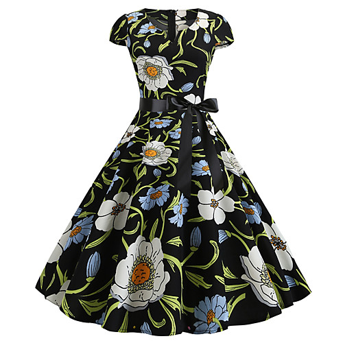 

Women's Black Dress Street chic Party Daily A Line Floral Print Patchwork Print S M