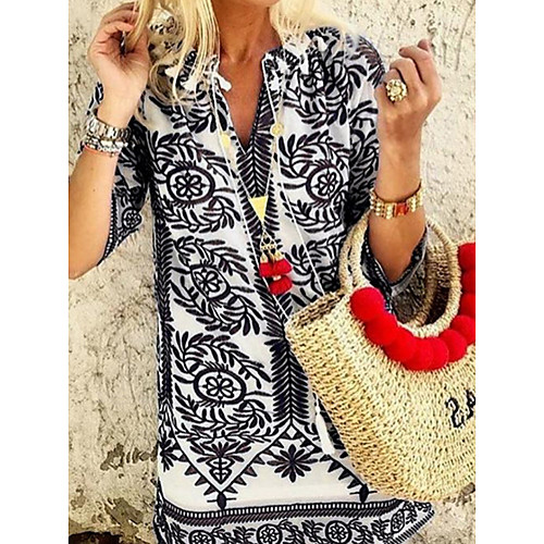 

Women's Shift Dress - 3/4 Length Sleeve Geometric V Neck Elegant Black Blue Purple S M L XL XXL