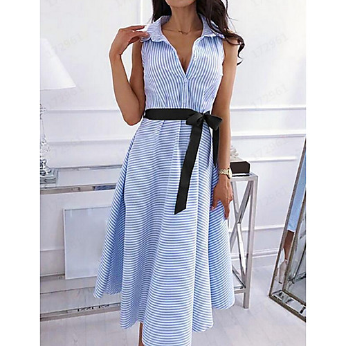

Women's Blue Dress A Line Swing Striped S M