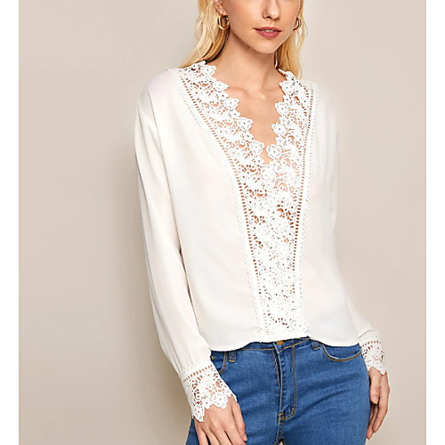 

Women's Solid Colored Patchwork Lace Trims Shirt - Cotton Daily V Neck White