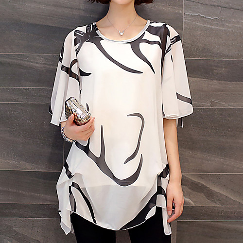 

Women's Daily Weekend Basic Plus Size Batwing Sleeve Loose Blouse - Graphic Black & White, Pleated / Print White