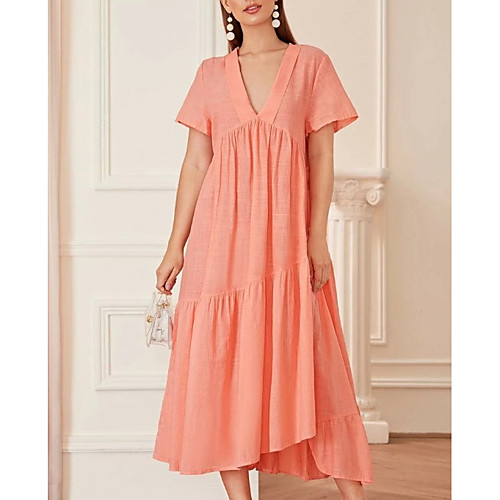 

Women's Blushing Pink Blue Dress Swing Solid Color V Neck S M