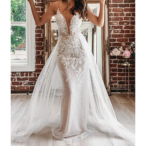 

A-Line Spaghetti Strap / Plunging Neck Court Train / Detachable Lace / Tulle Sleeveless Country Plus Size Wedding Dresses with Appliques 2020