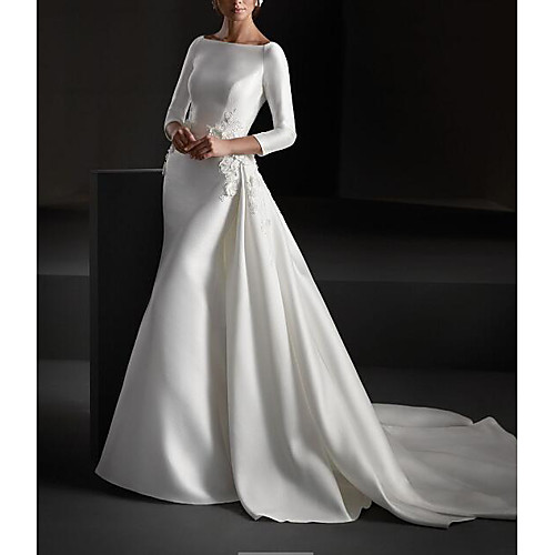 

A-Line Jewel Neck Sweep / Brush Train Stretch Satin Long Sleeve Country Plus Size Wedding Dresses with Embroidery 2020