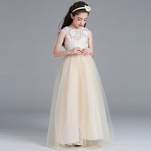 

A-Line Round Floor Length Cotton Junior Bridesmaid Dress with Lace / Bow(s)