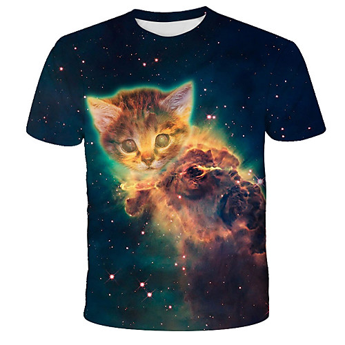 

Men's 3D Tie Dye Cat Print T-shirt Street chic Exaggerated Daily Holiday Round Neck Rainbow / Short Sleeve / Animal