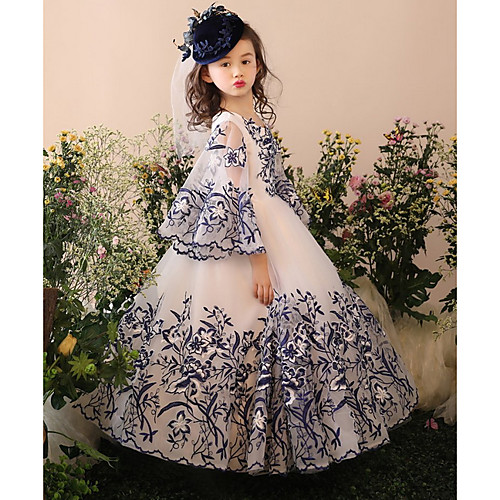 

Ball Gown Floor Length Party / Birthday Flower Girl Dresses - POLY Long Sleeve Jewel Neck with Lace / Bow(s) / Appliques