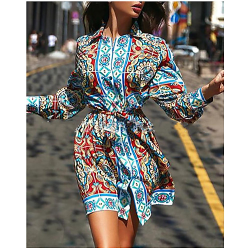 

Women's Shirt Dress - Long Sleeve Solid Color Shirt Collar Blue S M L XL