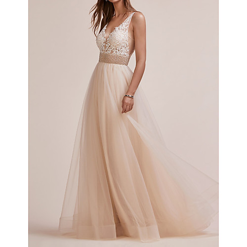 

Beading Appliques A-Line Elegant Sleeveless V Neck Floor Length Tulle Engagement Prom Dress