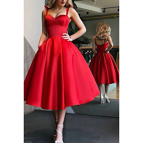 

Ball Gown Spaghetti Strap Tea Length Satin Minimalist / Red Party Wear / Prom Dress with Pleats 2020