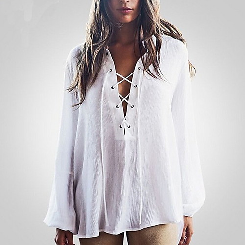 

Women's Solid Colored Lace up T-shirt Daily V Neck White