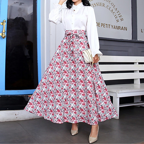 

Women's Event / Party / Daily Wear Street chic Swing Skirts - Floral Print / Drawstring Red S M L