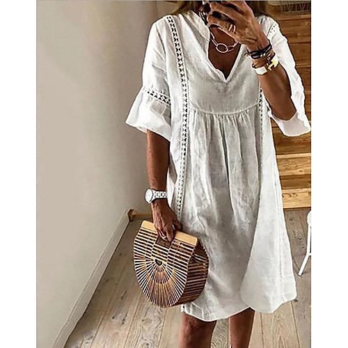 

Women's Orange Green Dress Shift Solid Color V Neck S M Loose