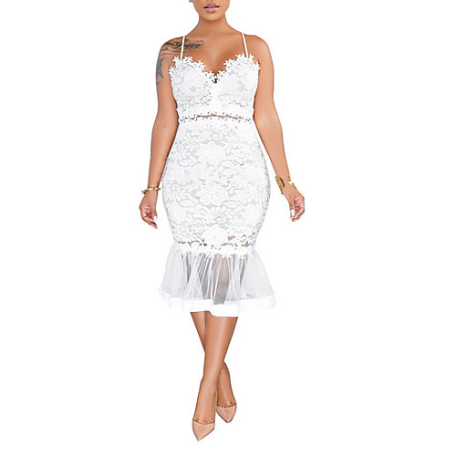 

Women's White Black Dress Cocktail Party Sheath Solid Colored Strap Lace S M Slim