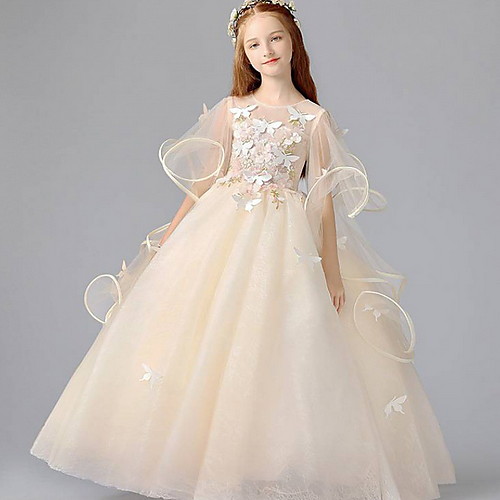 

Ball Gown Floor Length Wedding Flower Girl Dresses - POLY Short Sleeve Jewel Neck with Lace / Appliques