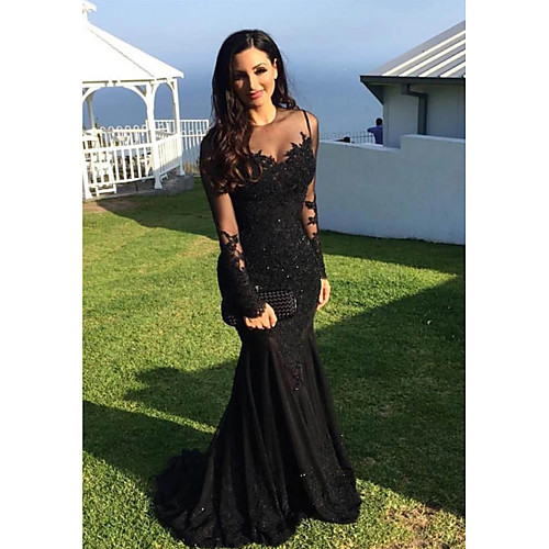 

Mermaid / Trumpet Illusion Neck Sweep / Brush Train Lace Sparkle / Black Engagement / Formal Evening Dress with Appliques 2020