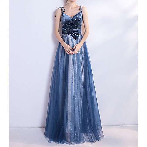 

A-Line Spaghetti Strap Floor Length Polyester Glittering / Blue Prom / Formal Evening Dress with Bow(s) / Sequin 2020