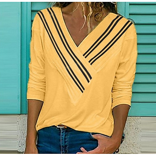 

Women's Daily T-shirt - Color Block Criss Cross / Print V Neck Yellow