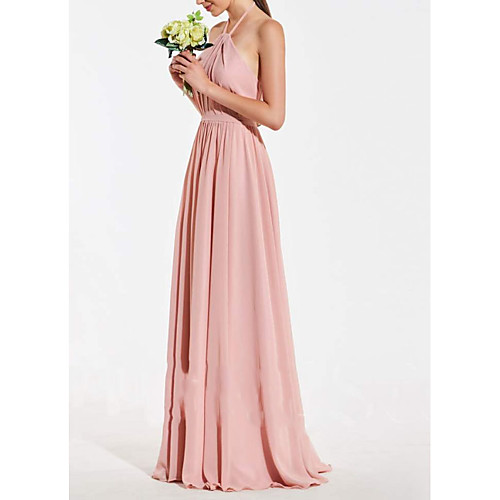 

A-Line Halter Neck Floor Length Chiffon Bridesmaid Dress with Pleats / Open Back