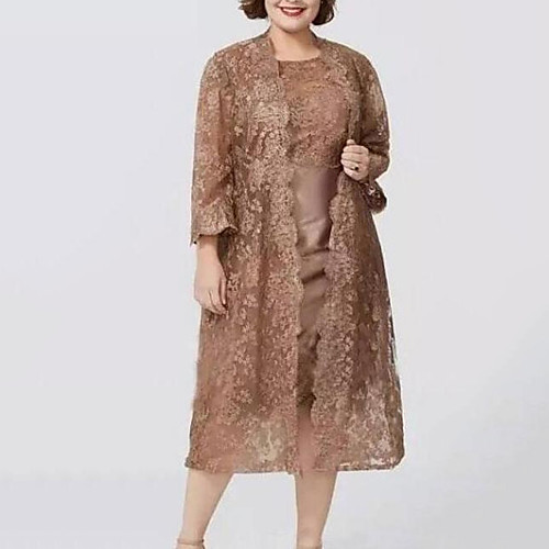 

Sheath / Column Jewel Neck Knee Length Lace Long Sleeve Elegant / Plus Size Mother of the Bride Dress with Lace Mother's Day 2020