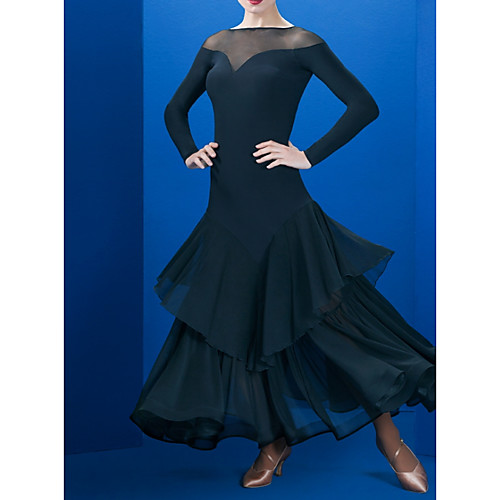 

Ballroom Dance Club Costume Women's Performance Polyester Taffeta Cascading Ruffles / Tiered Long Sleeve Dress