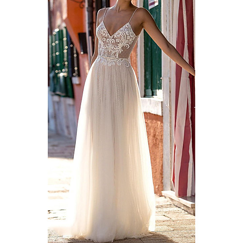 

A-Line Spaghetti Strap Floor Length Polyester Sleeveless Country Plus Size Wedding Dresses with Lace Insert / Appliques 2020