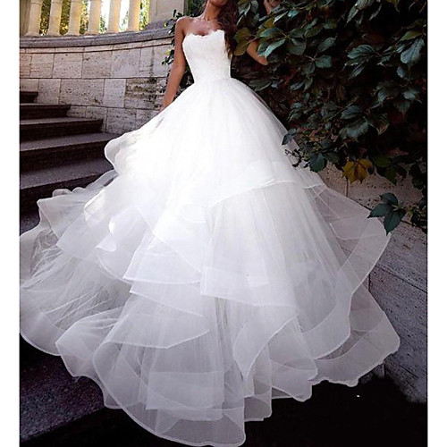 

Ball Gown Wedding Dresses Strapless Sweep / Brush Train Tulle Sleeveless Country Plus Size with Cascading Ruffles 2020