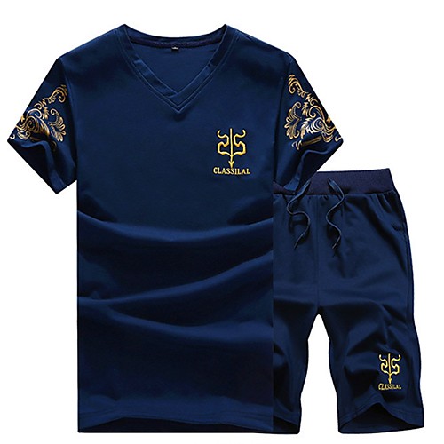 

Men's Daily Sports Basic Set - Floral / Letter Print / Drawstring Blue