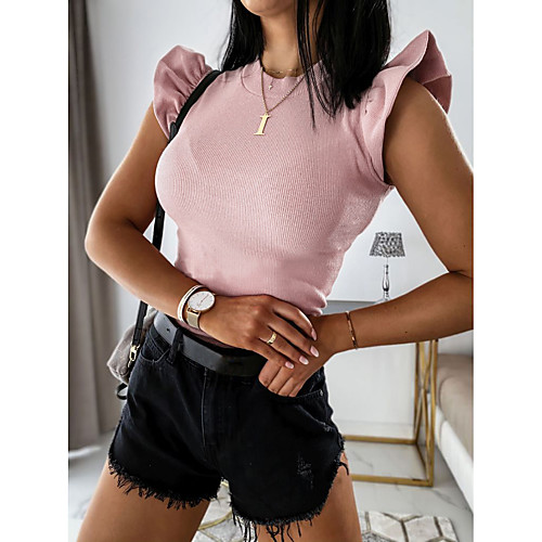 

Women's Daily Basic Blouse - Solid Colored Ruffle Blushing Pink