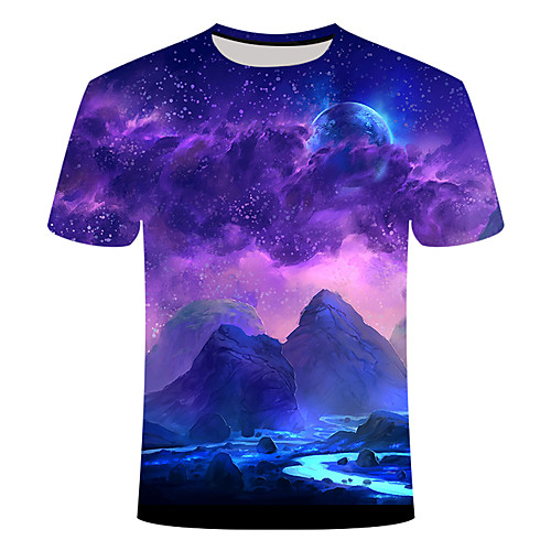

Men's Daily Going out Basic T-shirt - Galaxy / 3D / Scenery Print Purple