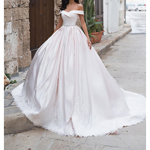 

A-Line Off Shoulder Sweep / Brush Train Taffeta / Chiffon Over Satin Short Sleeve Country Plus Size Wedding Dresses with Sashes / Ribbons 2020