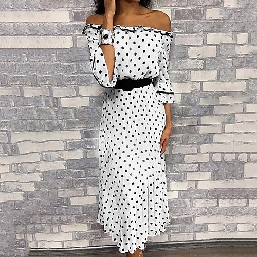 

Women's Maxi White Dress A Line Polka Dot Off Shoulder S M