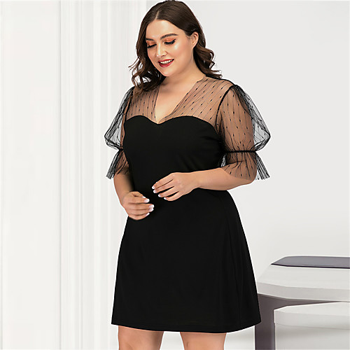 

Women's Black Dress Sexy Street chic Daily Going out A Line Sheath Little Black Solid Color Puff Sleeve Mesh L XL