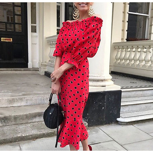 

Women's Red Dress Spring Vacation Sheath Polka Dot Off Shoulder S M