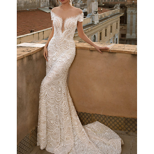 

Mermaid / Trumpet Jewel Neck Court Train Lace Sleeveless Country Plus Size Wedding Dresses with Draping / Appliques 2020