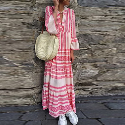 

Women's Blushing Pink Green Dress Boho Daily Loose Geometric Print S M