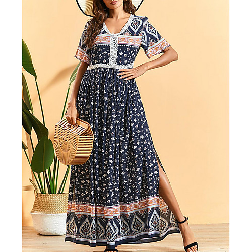 

Women's Maxi Navy Blue Dress Swing Polka Dot V Neck M L