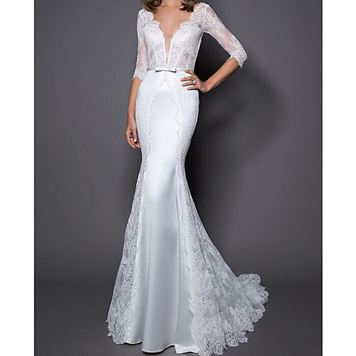 

Mermaid / Trumpet V Neck Sweep / Brush Train Lace / Satin Half Sleeve Country Plus Size Wedding Dresses with Sashes / Ribbons / Bow(s) / Embroidery 2020