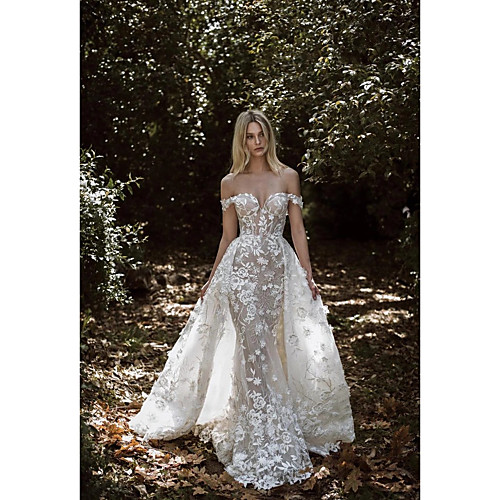 

A-Line Off Shoulder Court Train Lace / Tulle Short Sleeve Sexy Plus Size / Black Wedding Dresses with Lace / Appliques 2020