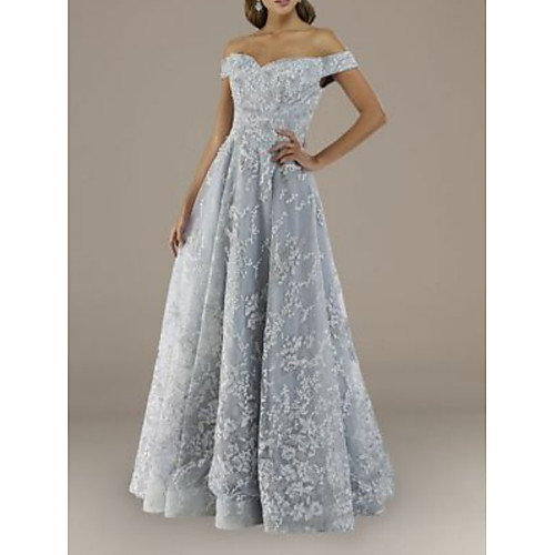 

A-Line Off Shoulder Floor Length Lace Short Sleeve Elegant Mother of the Bride Dress with Appliques Mother's Day 2020