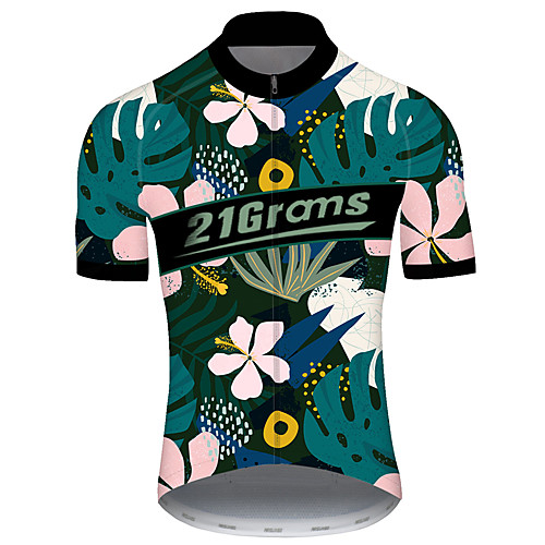 

21Grams Men's Short Sleeve Cycling Jersey Black / Green Floral Botanical Bike Jersey Top Mountain Bike MTB Road Bike Cycling UV Resistant Breathable Quick Dry Sports Clothing Apparel / Stretchy