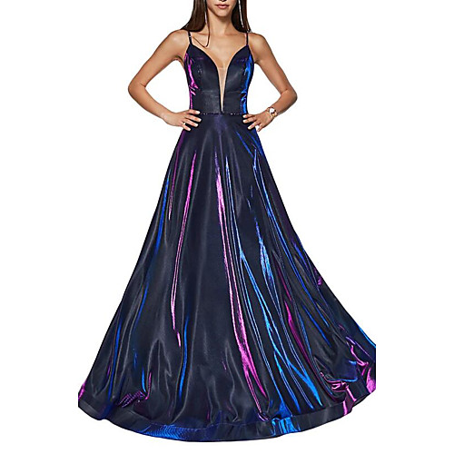 

A-Line Spaghetti Strap Floor Length Polyester Glittering / Blue Party Wear / Prom Dress with Sleek / Draping 2020