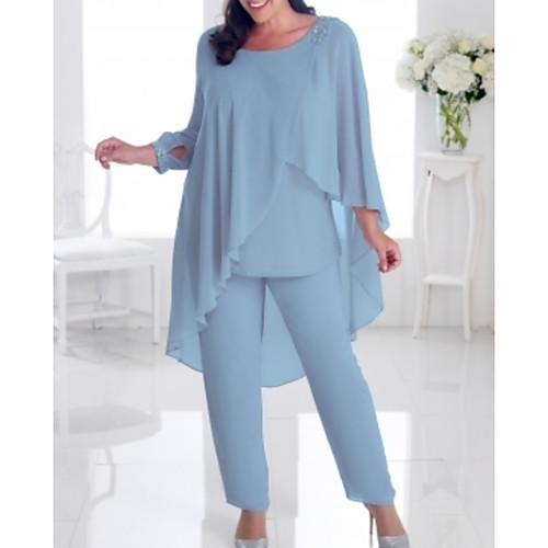 

Jumpsuits Jewel Neck Floor Length Chiffon Long Sleeve Elegant Mother of the Bride Dress with Pleats / Beading Mother's Day 2020