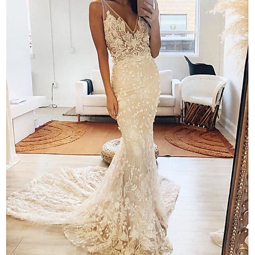 

Mermaid / Trumpet V Neck Sweep / Brush Train Polyester Sleeveless Country Plus Size Wedding Dresses with Embroidery / Appliques 2020